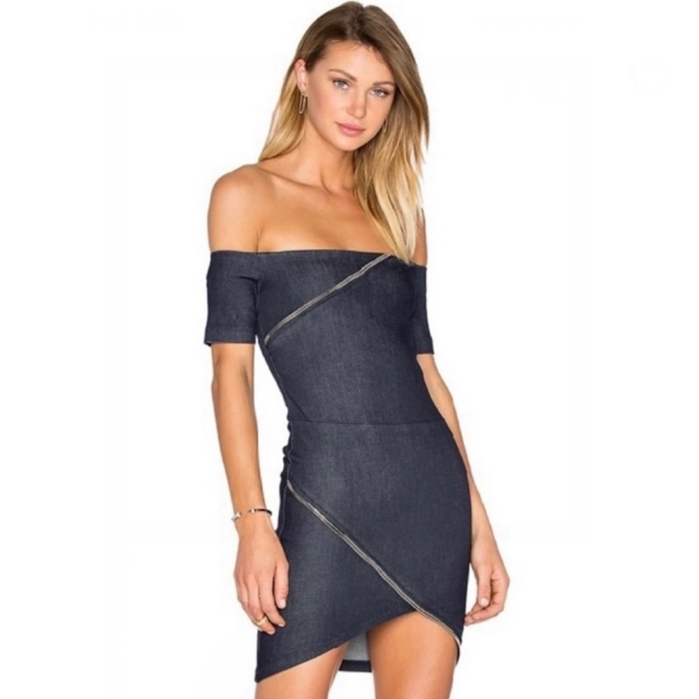 RTA REVOLVE DENIM OFF-THE-SHOULDER MINI DRESS